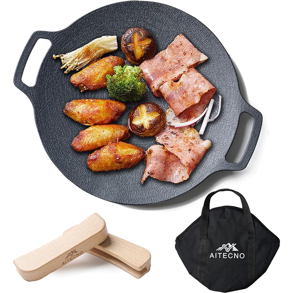 [AITECNO] No Seasoning Required Multi Griddle Iron Plate 29cm 33cm Compatible with IH Gas Fire, Bonfire, Direct Fire, Includes Ultra-Light Storage Case, Comes with Handle, Solo, Camping, Outdoor, BBQ