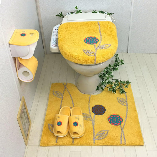 Toilet Mat Set 4 Pieces Scandinavian Yellow Washing Heating Type Lid Cover Slippers Paper Holder Cover Toilet Mat Set Money Luck Yellow 4 Pieces Oka Etofu Flower Feng Shui