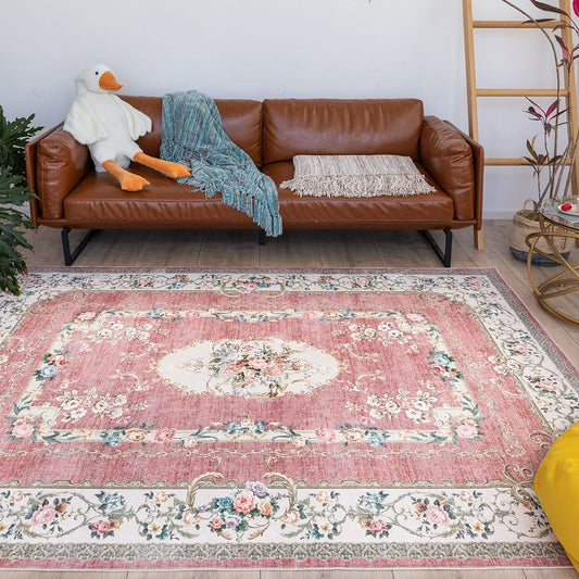 u-living Carpet, 3 Tatami Mats, Persian Carpet Style Rug, Washable, Floral Pattern, 160X230CM, All Seasons, Lightweight, Non-Slip, Red, Dust Mite Resistant, Odor Resistant, Compatible with Floor Heating
