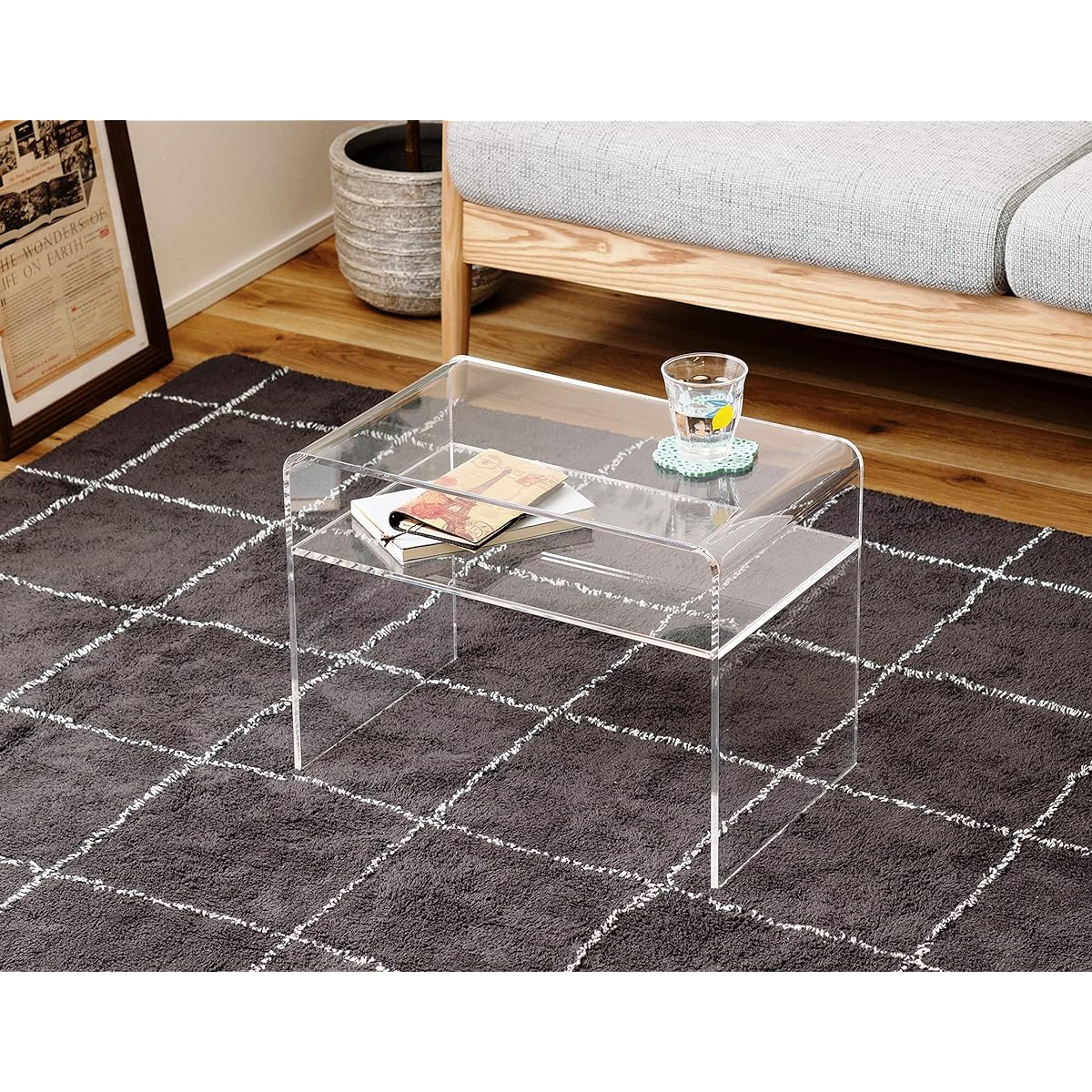 Palette Life Side Table, Acrylic Table, Night Table, Width 50cm, Stylish, U-shaped, with Shelf, Storage Shelf, Compact, Simple, Modern, Transparent, Clear