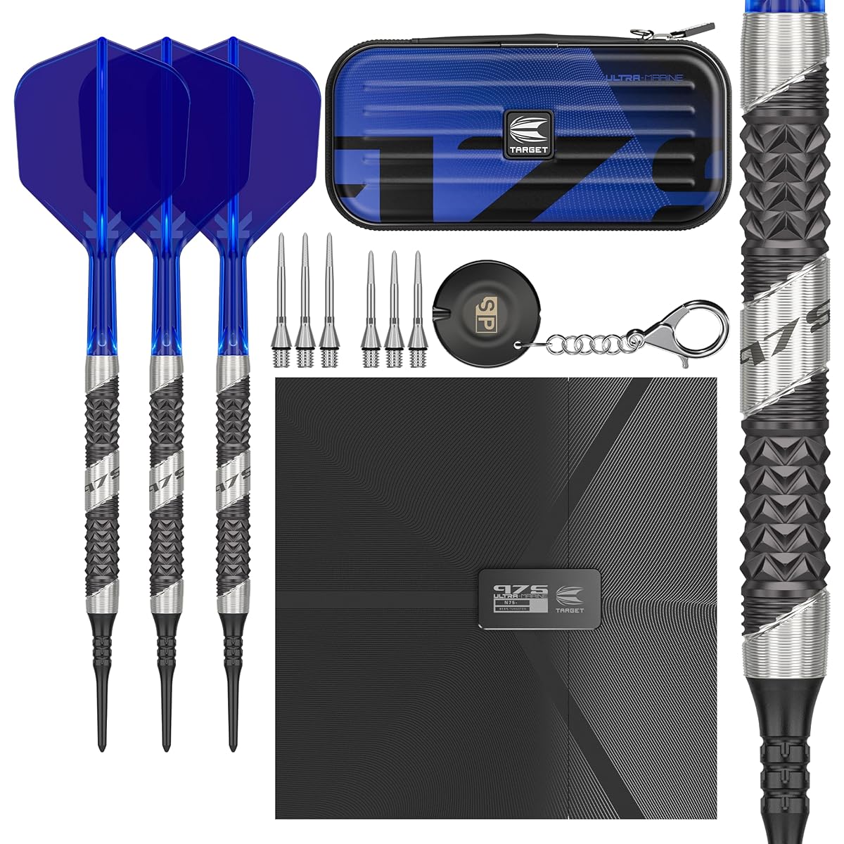 Target Darts 975 Ultramarine 18G Tungsten 97.5% Soft Tip Dart Set with K-Flex