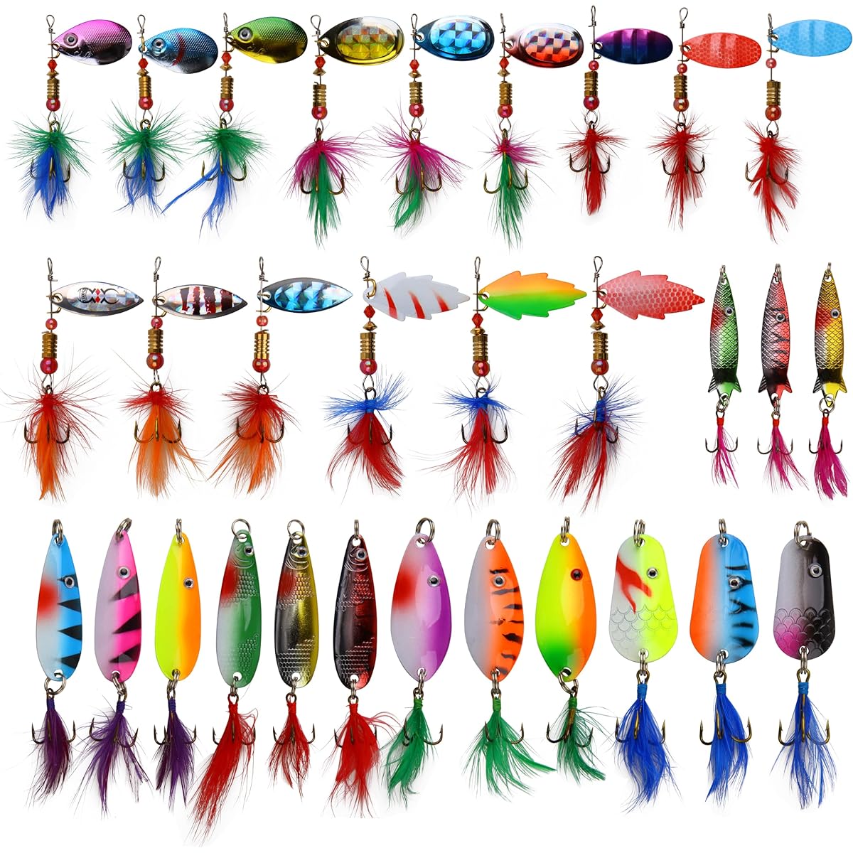 EASY CATCH Fishing Lure Set Spinner Spoon Lure with Feather 30 Pieces Bakutsuri Series 3g-14g Mountain Stream Tube Fishing