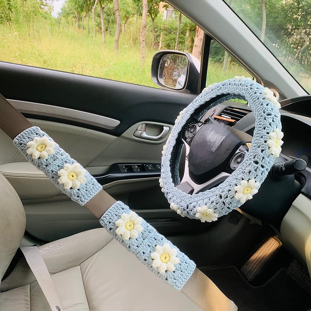 ONETERNAL Handmade Kagui Handle Cover Ladies Girls Cute Blue Puff Flower Seat Belt Cover Inside Accessories (handle cover)