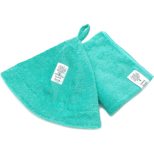 [PEAKS&TREES] Sauna Hat, Sauna Towel, Made in Imabari, Supervised by Finland, Towel, Men's, Women's, Sauna Cap, High Heat Resistance, Prevents Hair from Drying, Prevents Hot Flashes, Unisex (Sauna Hat Towel Set Revontulet (Emerald Green))