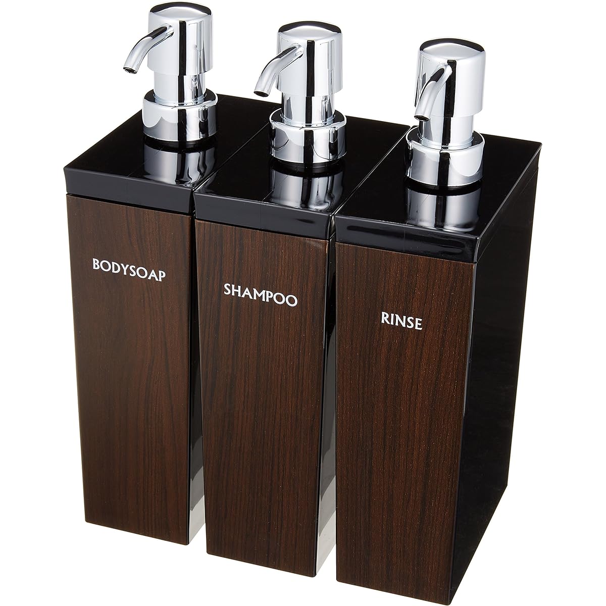 WOODY Dispenser Refillable Bottles Set of 3 (Shampoo, Conditioner, Body Soap) Long Square (700ml) Black x Walnut