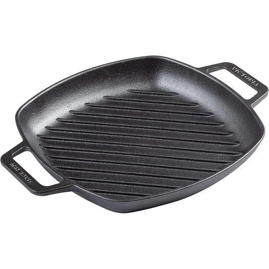Victoria Cast Iron Grill Pan Square Double Loop Handle Grillpan Griddle Pan Flaxseed Oil Seasoned