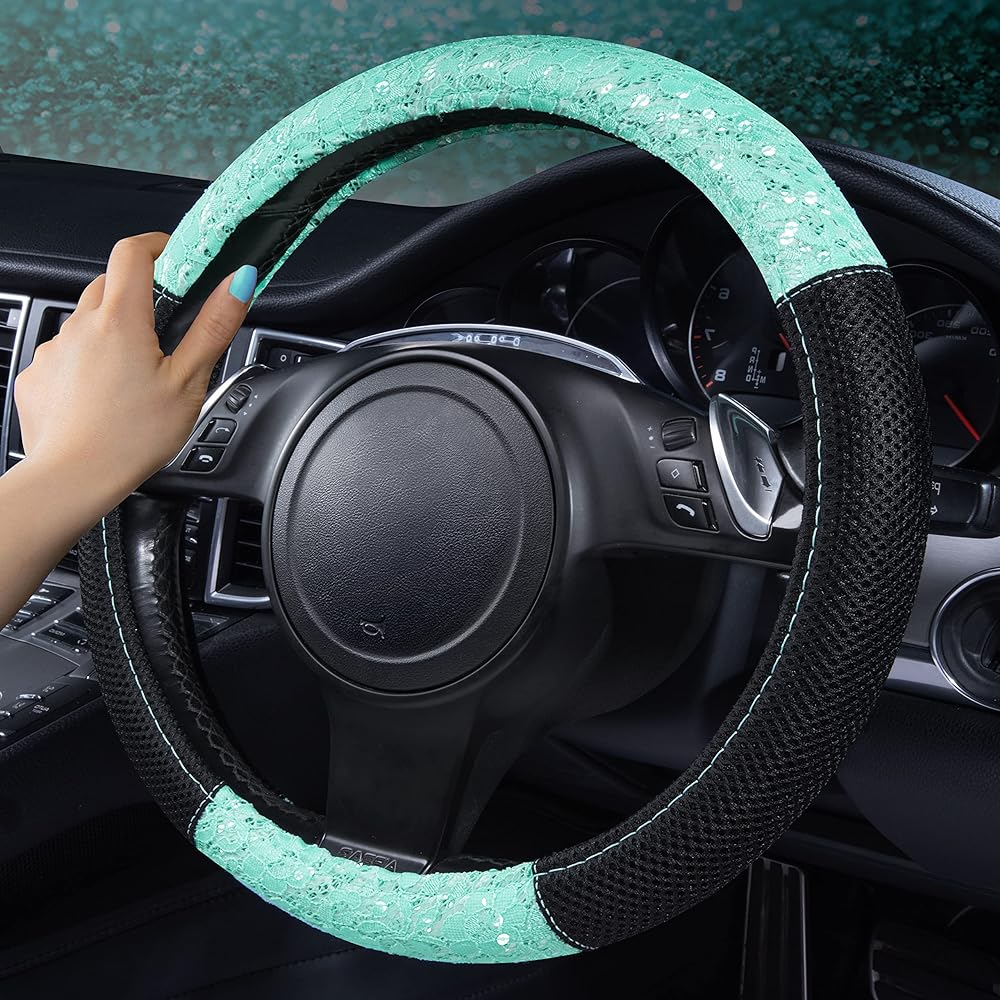 CAR PASS Steering cover handle cover Universal lace Leather ladies (1 piece, mint) ZT-0068