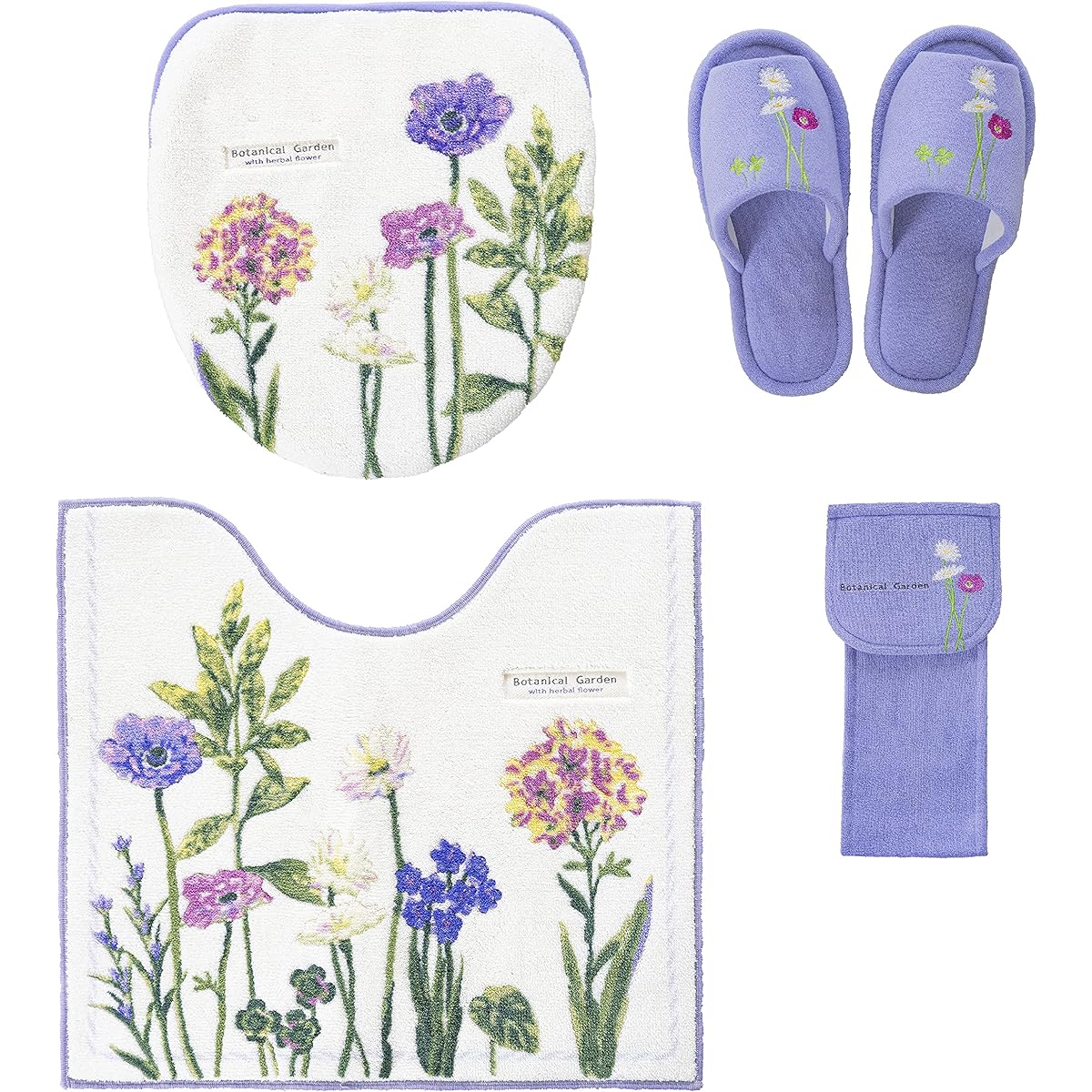Toilet mat 4-piece set, Scandinavian, stylish, made in Japan, regular size toilet mat + shared lid cover + paper holder cover + slippers, purple, antibacterial, deodorizing, flower, modern flower