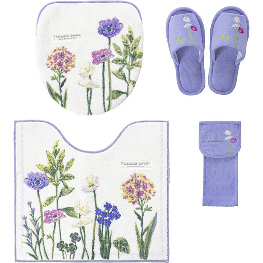 Toilet mat 4-piece set, Scandinavian, stylish, made in Japan, regular size toilet mat + shared lid cover + paper holder cover + slippers, purple, antibacterial, deodorizing, flower, modern flower