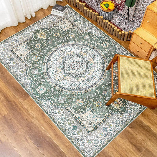 DECOMALL Carpet 3 Tatami Persian Carpet Style Rug Mat 200X250CM Washable Floral Pattern All Seasons Lightweight Anti-Slip Dust Mite Resistant Odor Resistant Green Compatible with Underfloor Heating