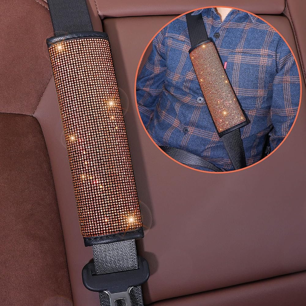 TOBEQUEEN orange handle cover set 15 inches 7 packs Crystal rhinelistone Diamond orange glittering glittering car accessories Seat cushion cushion Karakira shift knob covers car cup coaster orange