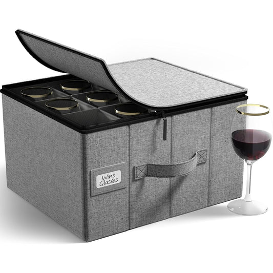 Sorbus Stemware Storage Chest - Deluxe Padded Case with Dividers - Serves 12 - Perfect for Protecting and Carrying Wine Glasses, Champagne Flutes, Goblets, etc. Gray STRG-GLSFA