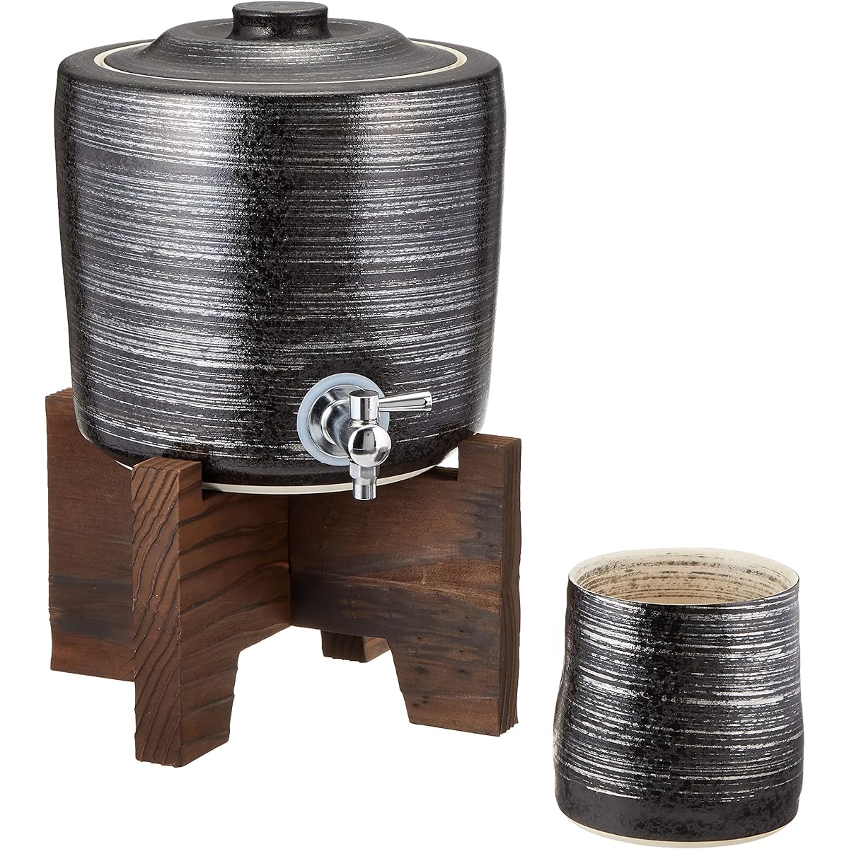 Ranchant Shochu Server with Roasted Cedar Stand Big Cup Multi Φ17x17, Φ8x9cm Silver Brush Arita Ware Made in Japan