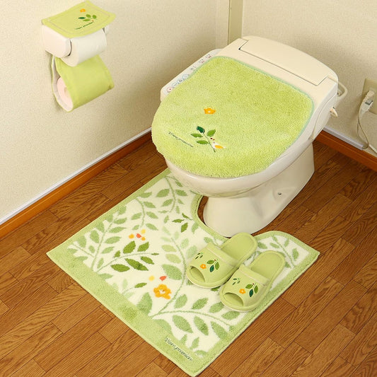 Toilet mat 4-piece set Green Scandinavian toilet mat + suction type lid cover + paper holder cover + slippers Made in Japan Green Oka Sunleaf