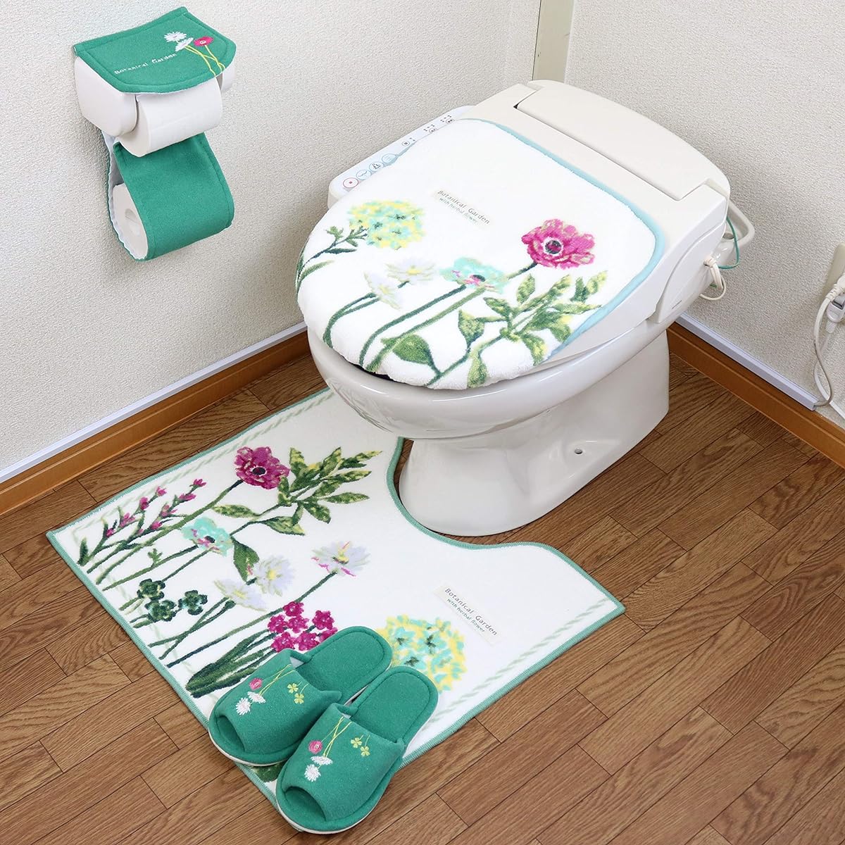 Toilet mat set of 4, Scandinavian, stylish, made in Japan (normal size toilet mat + shared lid cover + paper holder cover + slippers) antibacterial, deodorizing, modern flower, botanical, green