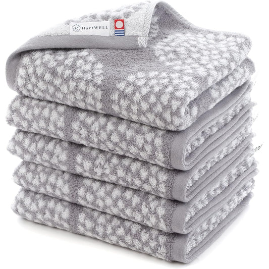 Heartwell Imabari Towel, Scandinavian Nordic Towel, Face Towel, Made in Japan, Scandinavian Pattern, Simple, with Loop, Set of 5 Towels with Loop, Bouquet, Floral Pattern, Gray Towel Set