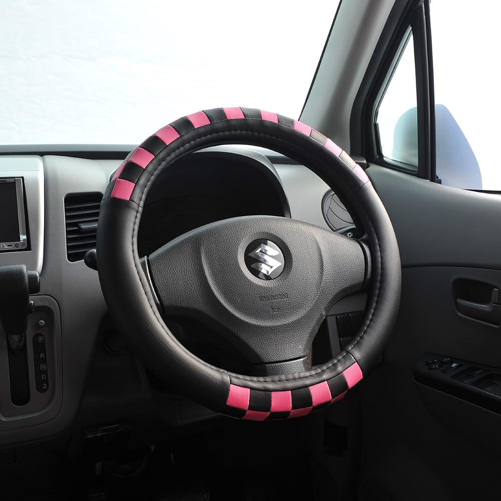 Z-style Car Handle Cover [Steering Cover] Pink Mania Check Black x Pink