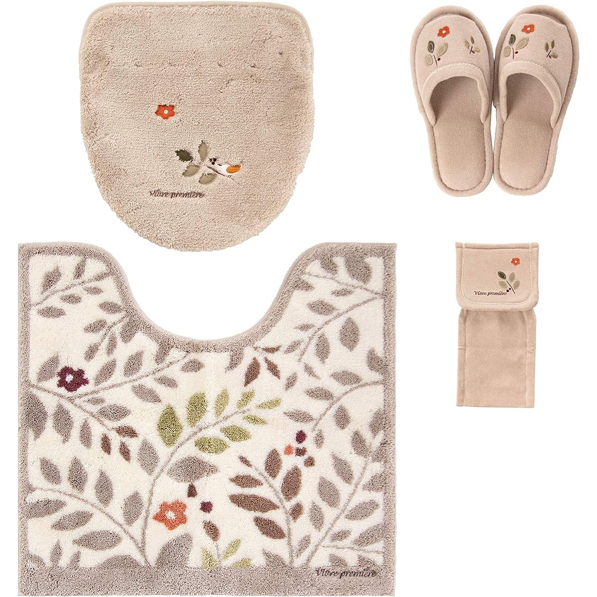 Toilet mat 4-piece set, beige, made in Japan (regular toilet mat + multi-type lid cover + paper holder cover + slippers) OKA Sunreef