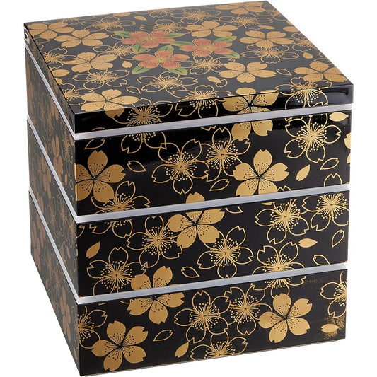 Maeju lacquerware, multi-layered box, three tiers, flower dance, black, with stickers, traditional craft, Yamanaka lacquerware, 21.5cm, square, for 4 to 5 people, made in Japan, 7R-773