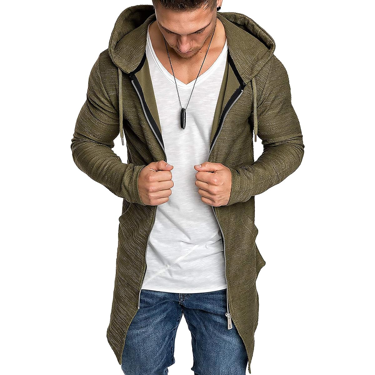 [Make 2 Be] Men's Long Sleeve Ultra Thin Hooded Long Parka Outer Zip Up Full Zip Parka Cut and Sewn Long Hooded Parka Plain Cardigan UV Protection Cooling Protection MF05