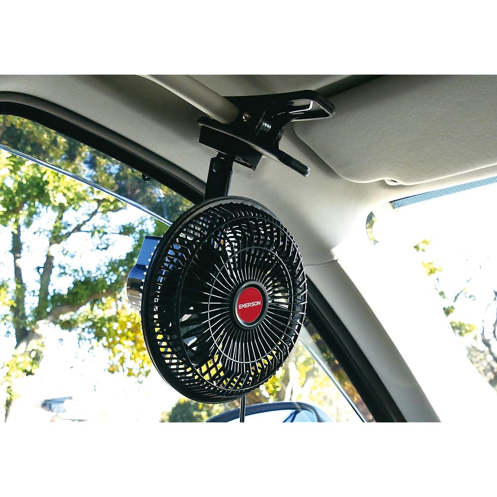 Emerson EM-346BK Oscillating Car Fan, DC 12V, Black, 2 Wind Speeds, 2-Way Mounting, Clip-On/Screw-In Type