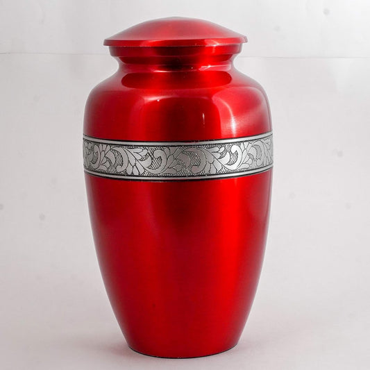 Hind Handicrafts Silver Engraved Aluminum Cremation Urn for Human Ashes Adult - Handmade Funeral Memorial Ashes Storage Urn - Includes Bag 6.5" x 6.5" x 10.5" - 200 lbs. Red