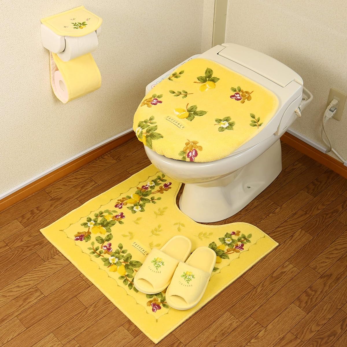 Lucky Yellow Toilet Mat Set, 4 Pieces, Yellow, Made in Japan, Mat, Lid Cover, Slippers, Paper Holder Cover, 4 Piece Set, Stylish, Provence Ciel, Antibacterial, Deodorant, Leaf, Flower