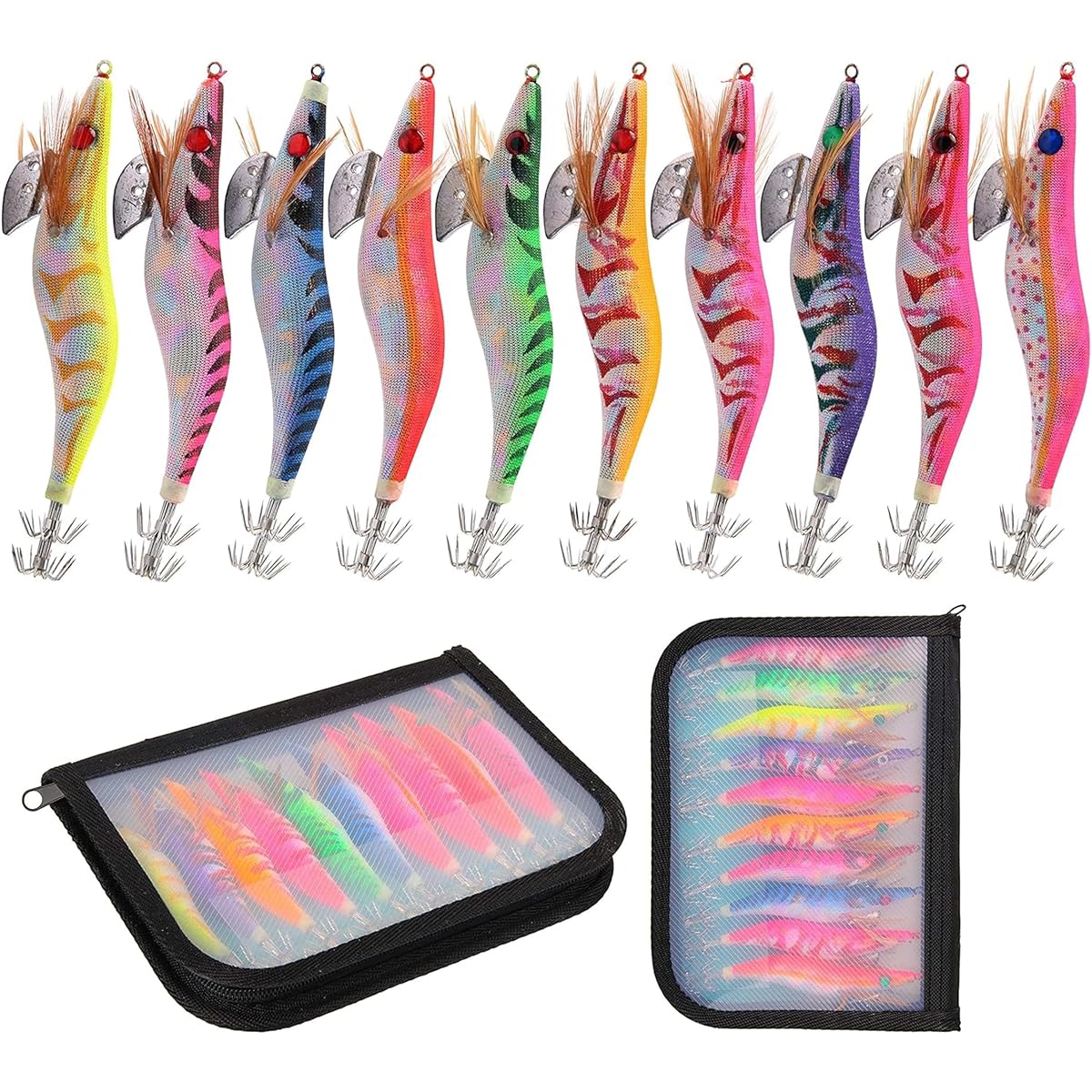 Egi Squid Fishing Eging Fishing Egi Set Luminous Egi Lure No. 2.5 No. 3 No. 3.5 Luminous Needle Tip 9 Colors 10 Pieces Bomber Hook Storage Case Included Enhanced Version