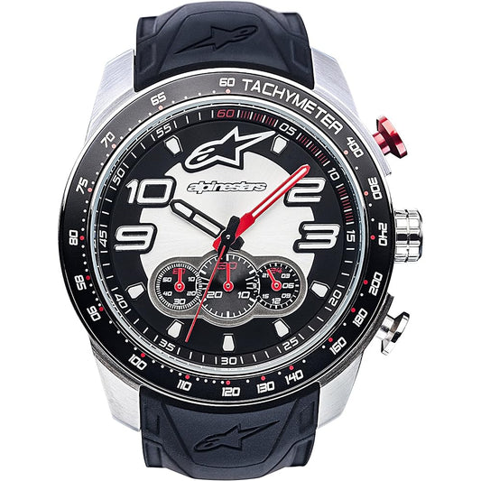 Alpinestars Tech Men's Chronograph Watch Analog Chrono 45mm Stainless Steel Case 100 Meter Water Resistant Japanese Movement Durable Silicone Wristband (Black Steel)