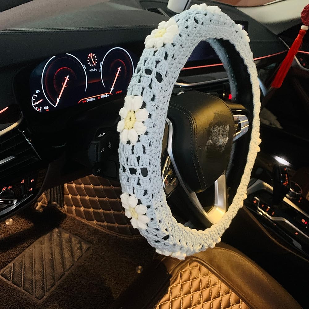 ONETERNAL Handmade Kagui Handle Cover Ladies Girls Cute Blue Puff Flower Seat Belt Cover Inside Accessories (handle cover)