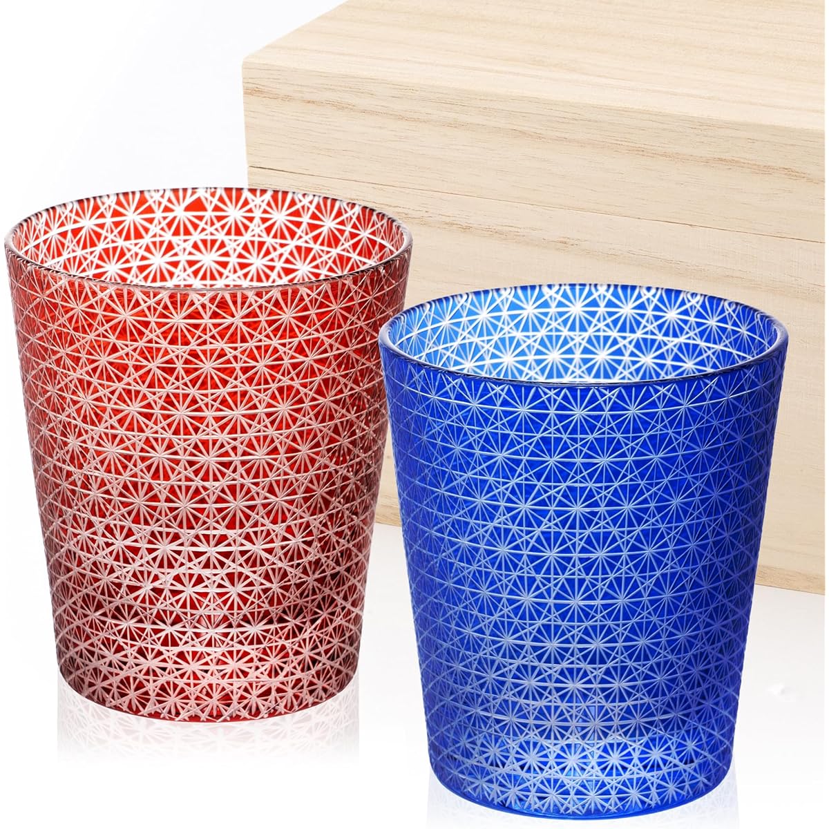 SEIDO Kiriko glass pair set, rocks glass, old glass, shochu glass, paulownia box, chrysanthemum Tsunagi Mogami 220ml