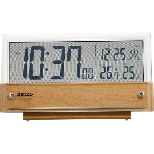 Seiko Clock Table Clock Alarm Clock Radio Digital Calendar Temperature and Humidity Display See-through LCD Light Brown Wood Grain Pattern Body Size: 10.7 x 19 x 4.1 cm SQ782B