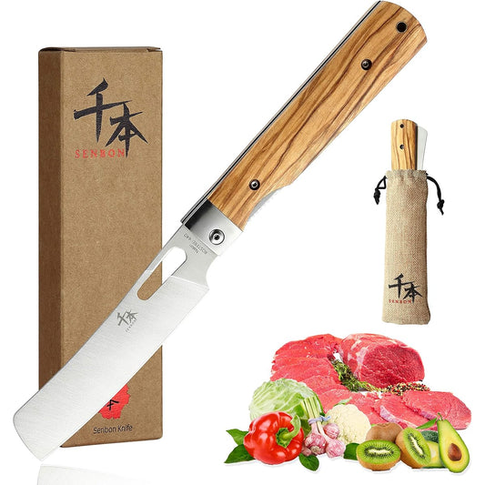 SENBON 440A Stainless Steel Good Sharpness Foldable Portable Japanese Style Chef Knife Nakiri Natural Olive Handle Camping Travel BBQ Kitchen Knife