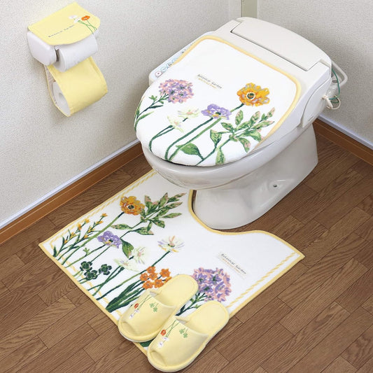 Toilet mat 4-piece set yellow Scandinavian toilet mat + suction type lid cover + slippers + paper holder cover money luck yellow feng shui made in Japan Oka botanical water absorption antibacterial