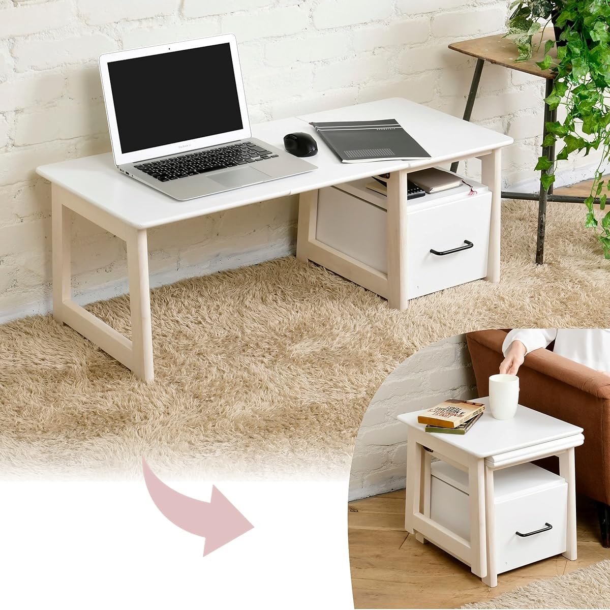 [Yamazen] 2WAY Low Desk Folds to become a side table Drawer with rounded corners (Optional to install left or right) Width 34/92 x Depth 40.5 x Height 33/37cm Writing desk PC desk Assembled product White SP-2457DR(WH/WW) Telework