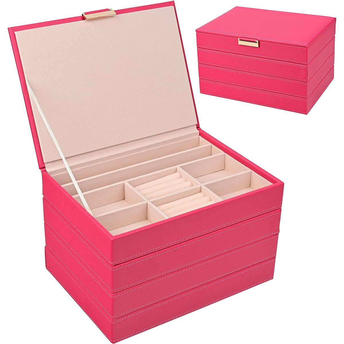 SANSREPONSE Jewelry Accessories Storage Tray 4 Tier Set Jewelry Box Box Case Stackable Large Capacity Earrings Necklace Ring Holder (Hot Pink, 4 Tiers)