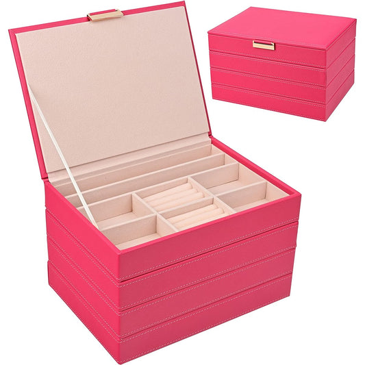 SANSREPONSE Jewelry Accessories Storage Tray 4 Tier Set Jewelry Box Box Case Stackable Large Capacity Earrings Necklace Ring Holder (Hot Pink, 4 Tiers)