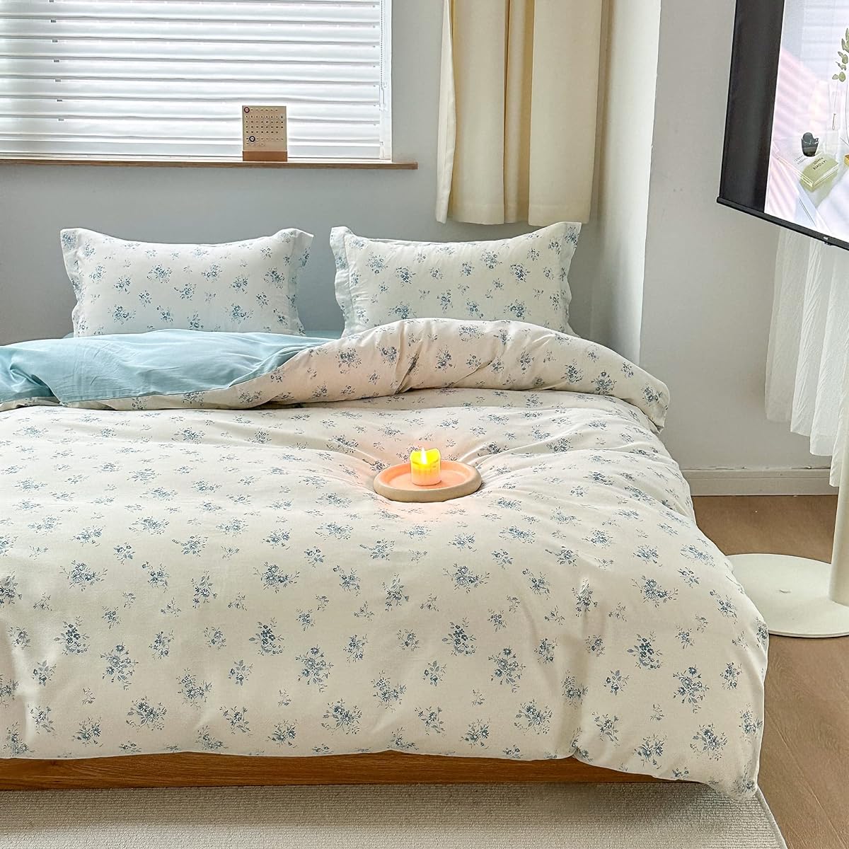 BUKAROOM 100% Cotton [Duvet Cover Set, Duvet Cover, Semi-Double, 4 Piece Set] Duvet Cover, Fitted Sheet, Pillowcase, Bed Cover, Bedding Cover, Floral Pattern, Stylish, Double Zipper, Fabric Wrapping (Blue, Cover 170*210cm)