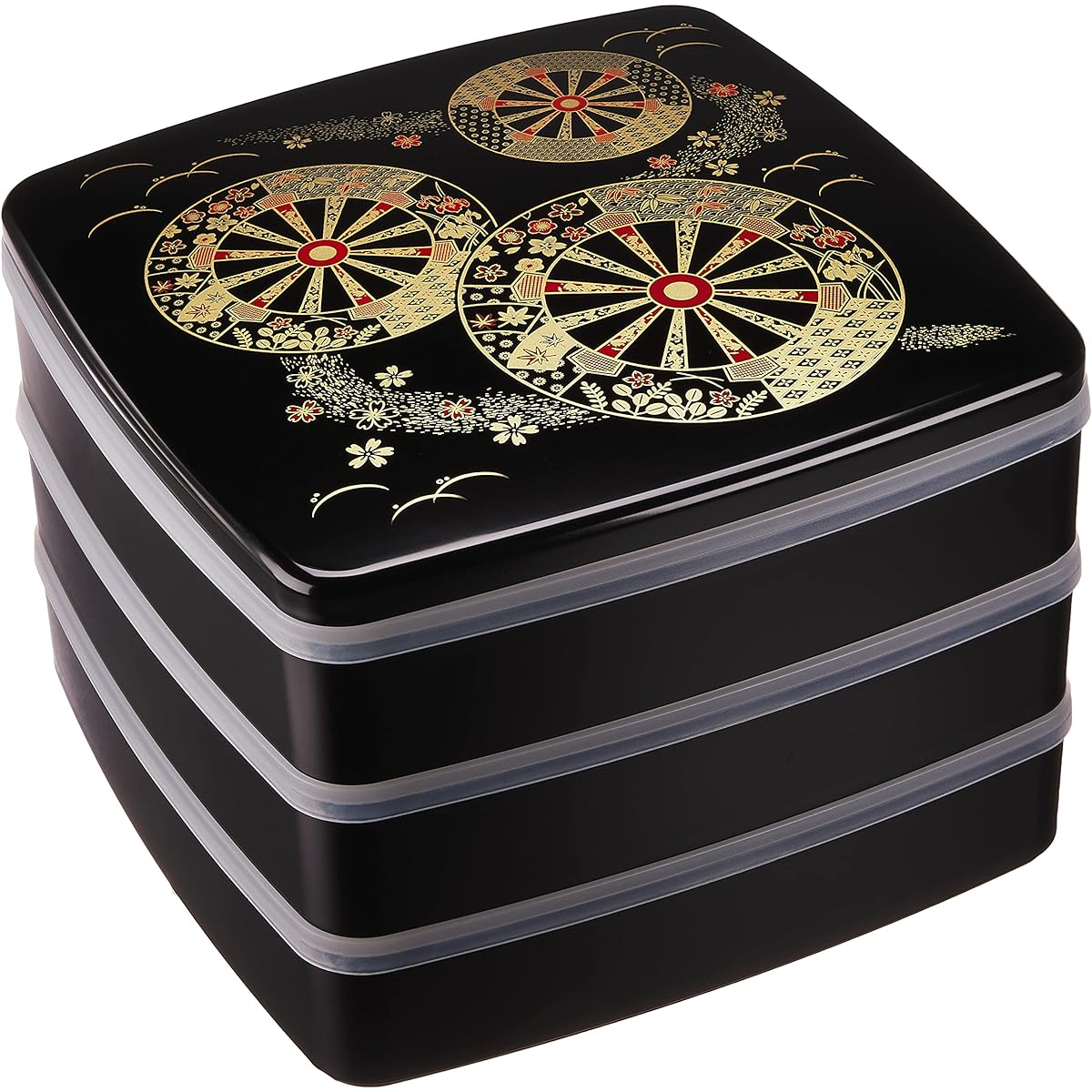 Wakaizumi lacquerware 3-tier box 8 inch new dohariju black Imperial car (inner black) with 12 vermilion partitions, 3 packing inner lids H-156-18