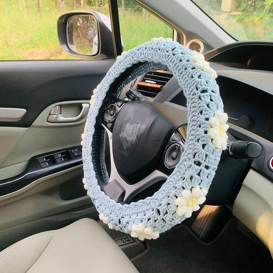 ONETERNAL Handmade Kagui Handle Cover Ladies Girls Cute Blue Puff Flower Seat Belt Cover Inside Accessories (handle cover)
