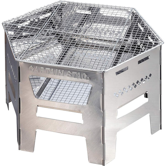 CAPTAIN STAG Barbecue Stove Bonfire Stand Dutch Oven Cooking 4 in 1 Hexa Stainless Steel Kamado Grill with Spout, Trivet and Bag UG-73 Silver Assembled Size: (Approx.) Width 450 x Depth 390 x Height 260 mm