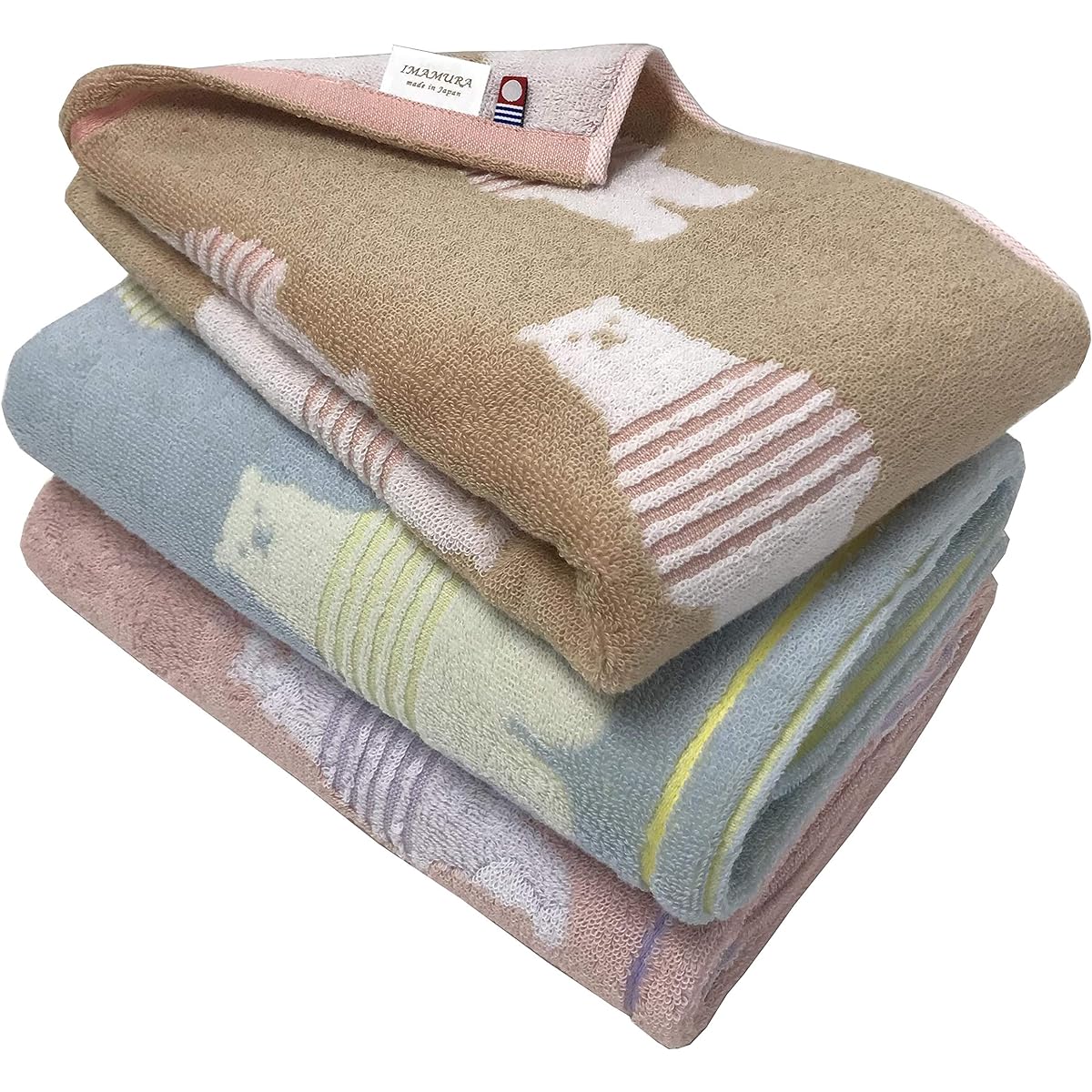 Imabari Towel Bath Towel Cotton Set of 3 Border Bear Pattern 60x120cm (3 Color Set)
