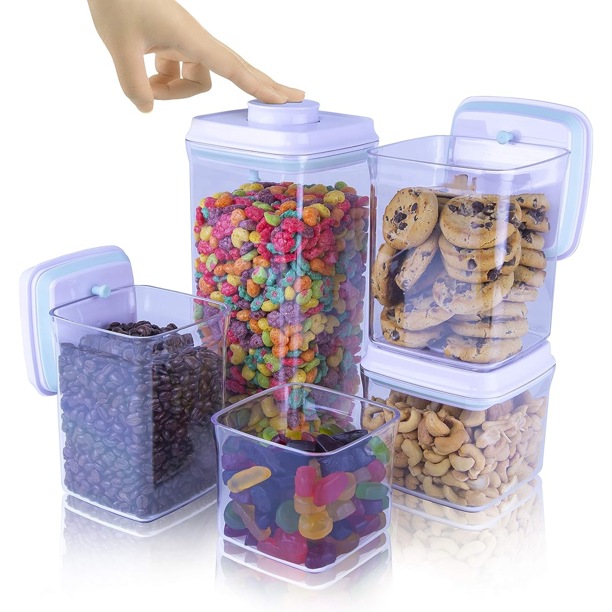 iChewie - BopTop (Set of 5) Airtight Food Storage Containers - Mechanical Silicone Airtight Cans - BPA Free/Stackable - Approx. 500/850/900/1500/2500ml
