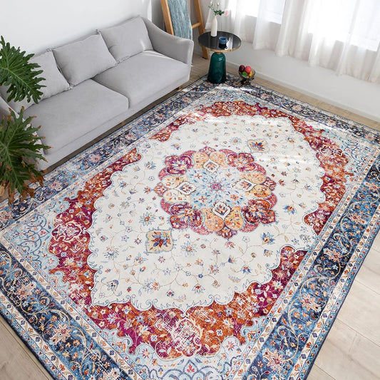 u-living Carpet 3 Tatami Persian Rug Style 200x250CM Washable Floral Pattern Rug Mat Fluffy Thick Anti-Slip Blue Water Repellent Dust Mite Resistant Odor Resistant Compatible with Floor Heating
