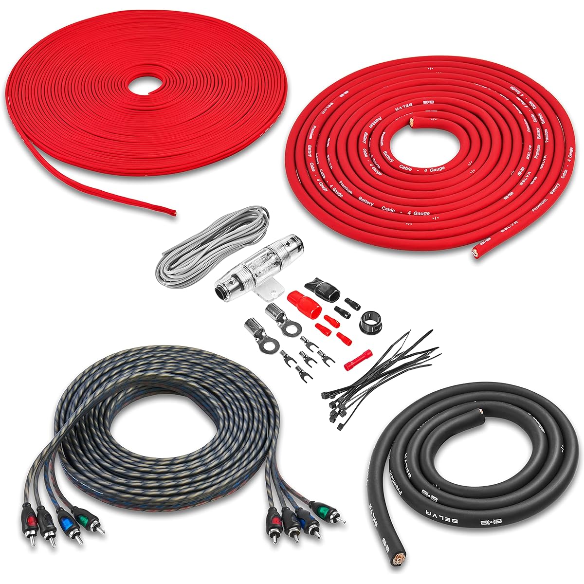 BELVA BAK44 4 Gauge Premium (CCA) Copper Clam Complete 4 Channel Amplifier Kit RCA Up to 1200 watts for amplifier -red