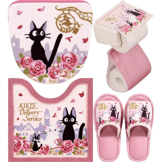 Kiki's Delivery Service Toilet Mat 4 Piece Set (Washing heating type lid cover + normal size toilet mat + slippers + paper holder cover) Date with Gigi