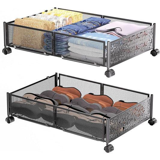 Under-bed storage case, folding storage box, with casters [Rust-proof carbon steel, large capacity, set of 1, dust-proof, mildew-proof, moisture-proof] Futon storage rack, costume case, floor bottom storage, easy to assemble (black, set of 1, flower scul