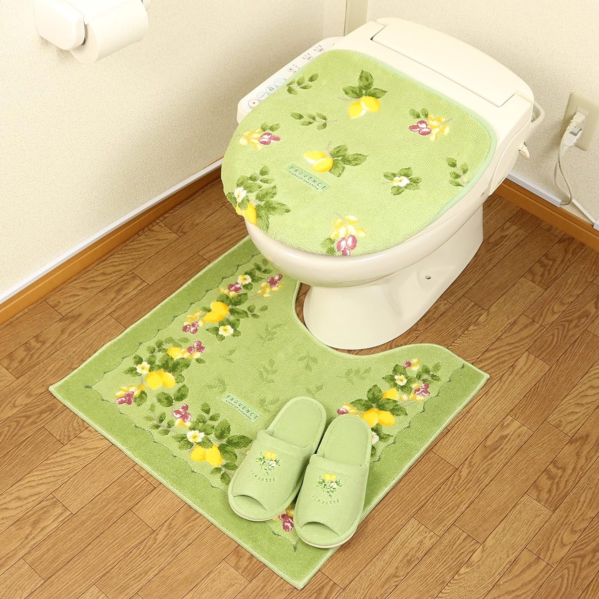 Toilet Mat Set, 3 Pieces, Scandinavian Green Slippers, Stylish, Made in Japan, Regular Size Mat, Common Lid Cover, Provence Ciel, Antibacterial, Deodorant, Leaf, Flower