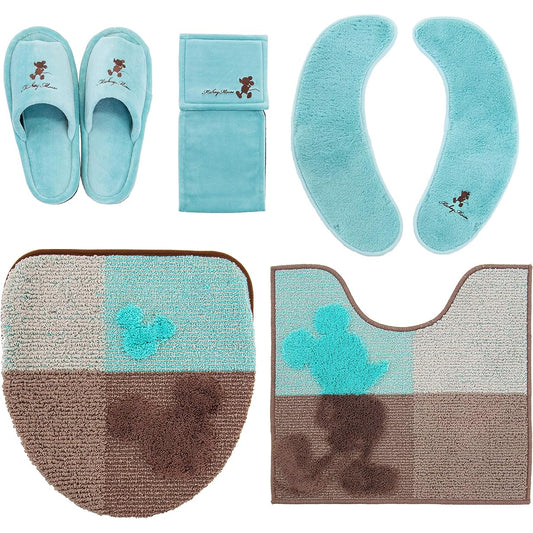 Disney Mickey Summer Toilet Mat 5 Piece Set (Normal Size Toilet Mat + Washing and Heating Lid Cover + Slippers + Paper Holder Cover + Toilet Seat) Turquoise Blue MC Style